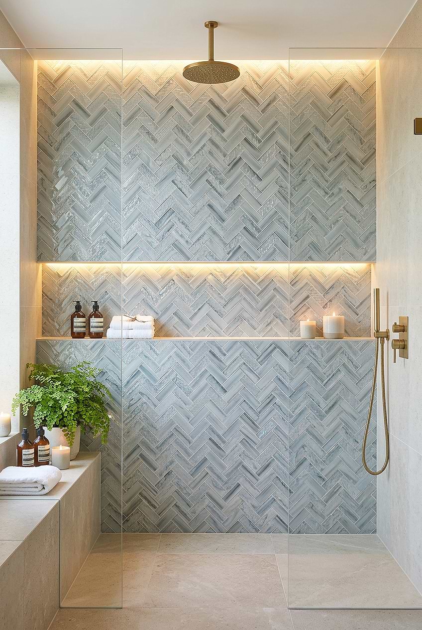 Blue Textured Glass Herringbone Shower Wall BA5507 LOT A Blue Textured Glass Herringbone Shower Wall BA5507 LOT A