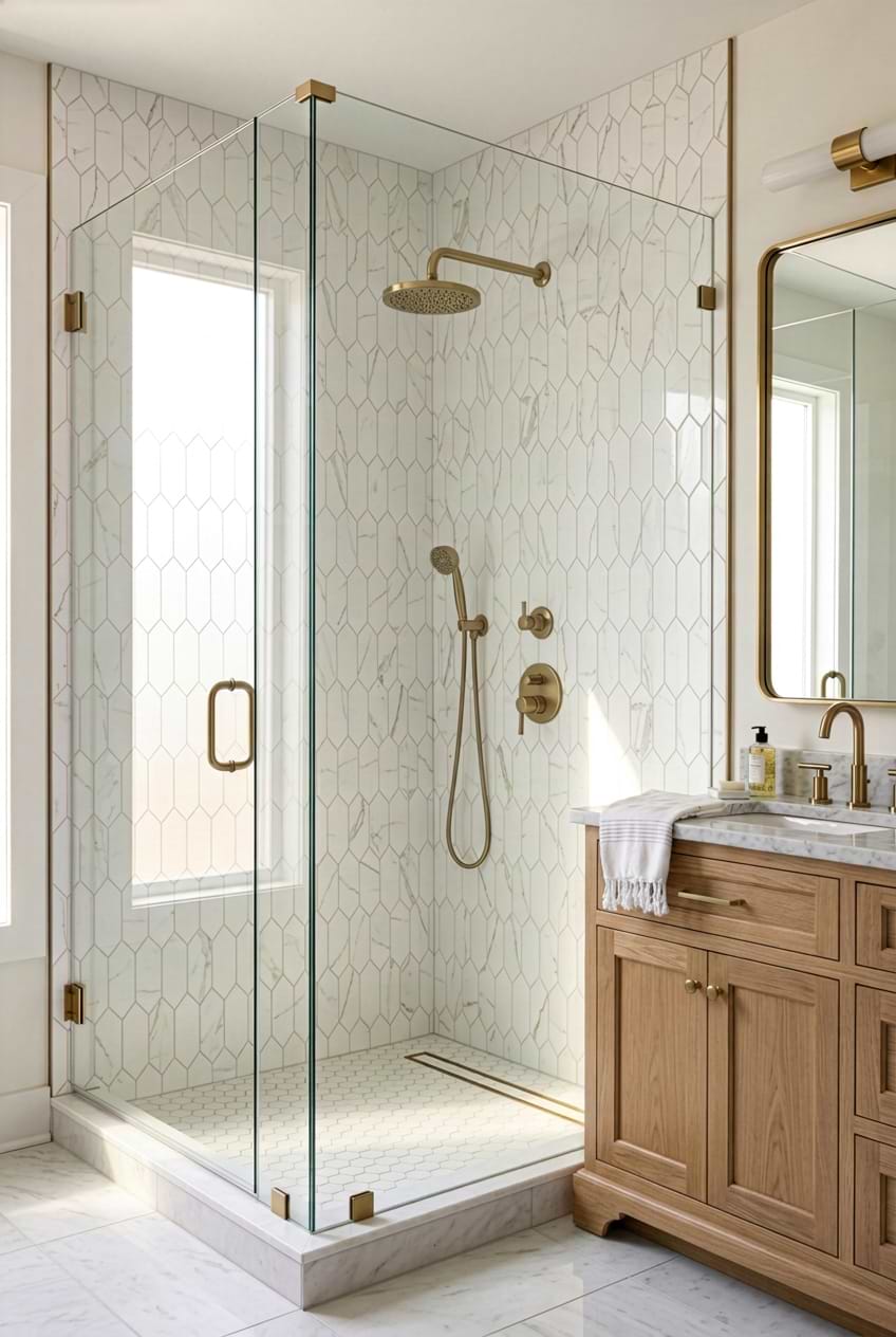 Calacatta Glass Picket Shower Wall BA6702 Calacatta Glass Picket Shower Wall BA6702