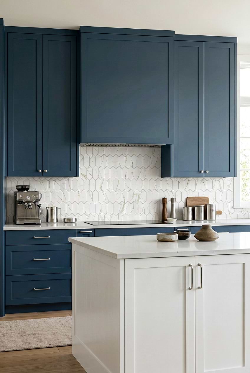 Calacatta Picket Mosaic for Blue Cabinet Kitchen BA6702