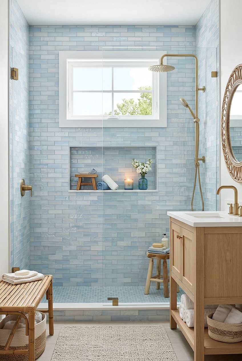 Cloud Blue Glass Subway Shower Wall BA5560 Cloud Blue Glass Subway Shower Wall BA5560