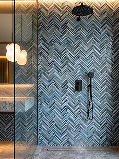 Contemporary Dark Blue Bathroom Glass Shower Black Rainfall Showerhead with Blue Herringbone Tile BA5525