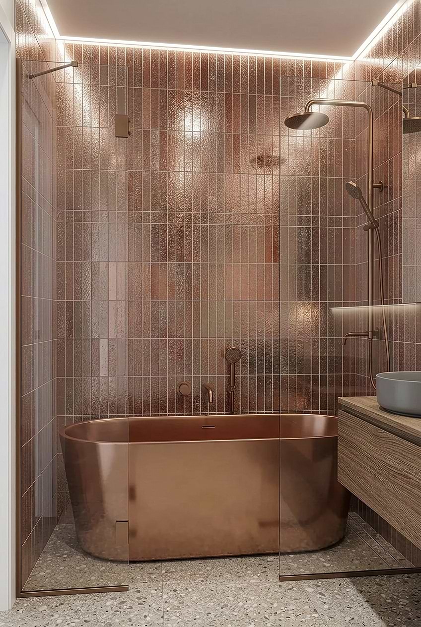 Contemporary Small Bathroom with Bathtub Copper Stacked Subway Tiles Contemporary Small Bathroom with Bathtub Copper Stacked Subway Tiles