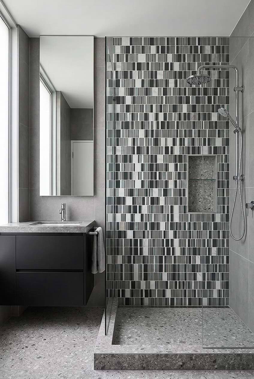 Gray Blue Silver Linear Mosaic Shower BA1191