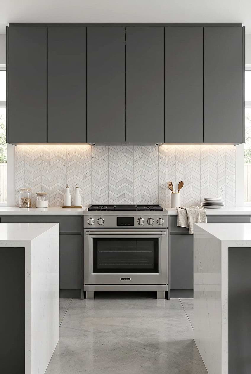 Gray Cabinet White Chevron Marble Kitchen BA6311