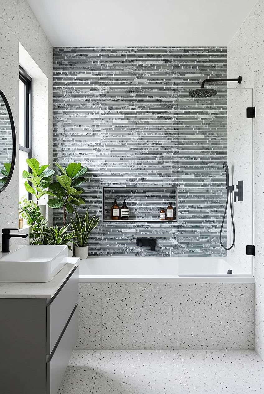 Gray Marble Glass Mosaic Shower Wall BA1037 Gray Marble Glass Mosaic Shower Wall BA1037