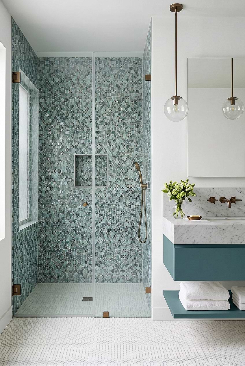 Green Glass Hexagon Mosaic Shower Wall BA6203