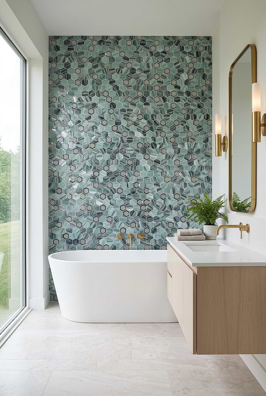 Green Glass Metal Hexagon Bathroom Tile BA6203