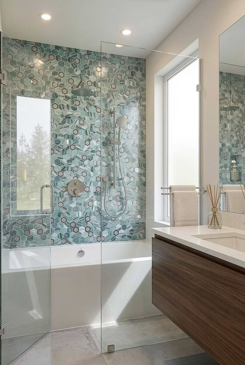 Green Glass Metal Hexagon Shower Mosaic Tile BA6203 Green Glass Metal Hexagon Shower Mosaic Tile BA6203