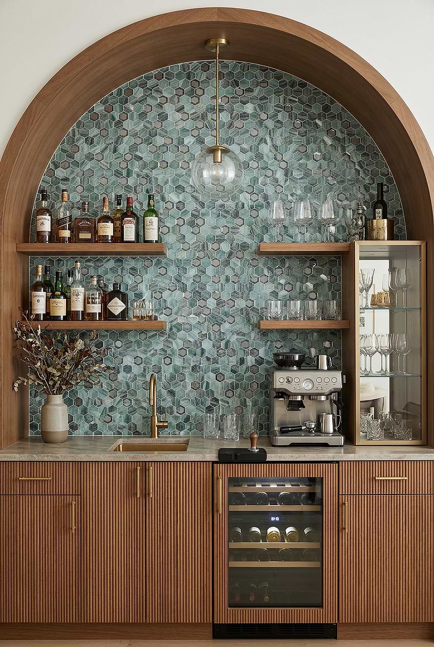 Green Hexagon Glass Arched Bar Tile BA6203