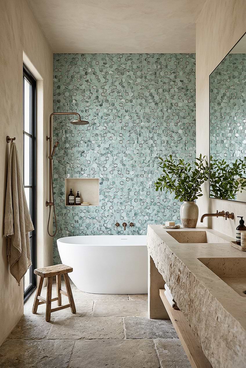 Green Hexagon Glass Shower Wall BA6203