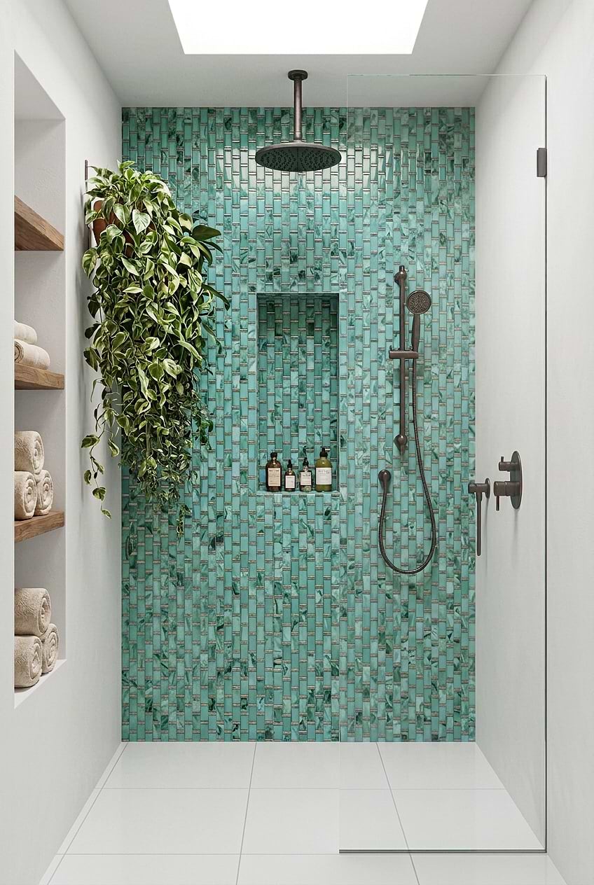 Green Vertical Beveled Subway Glass Shower Tile BA8013