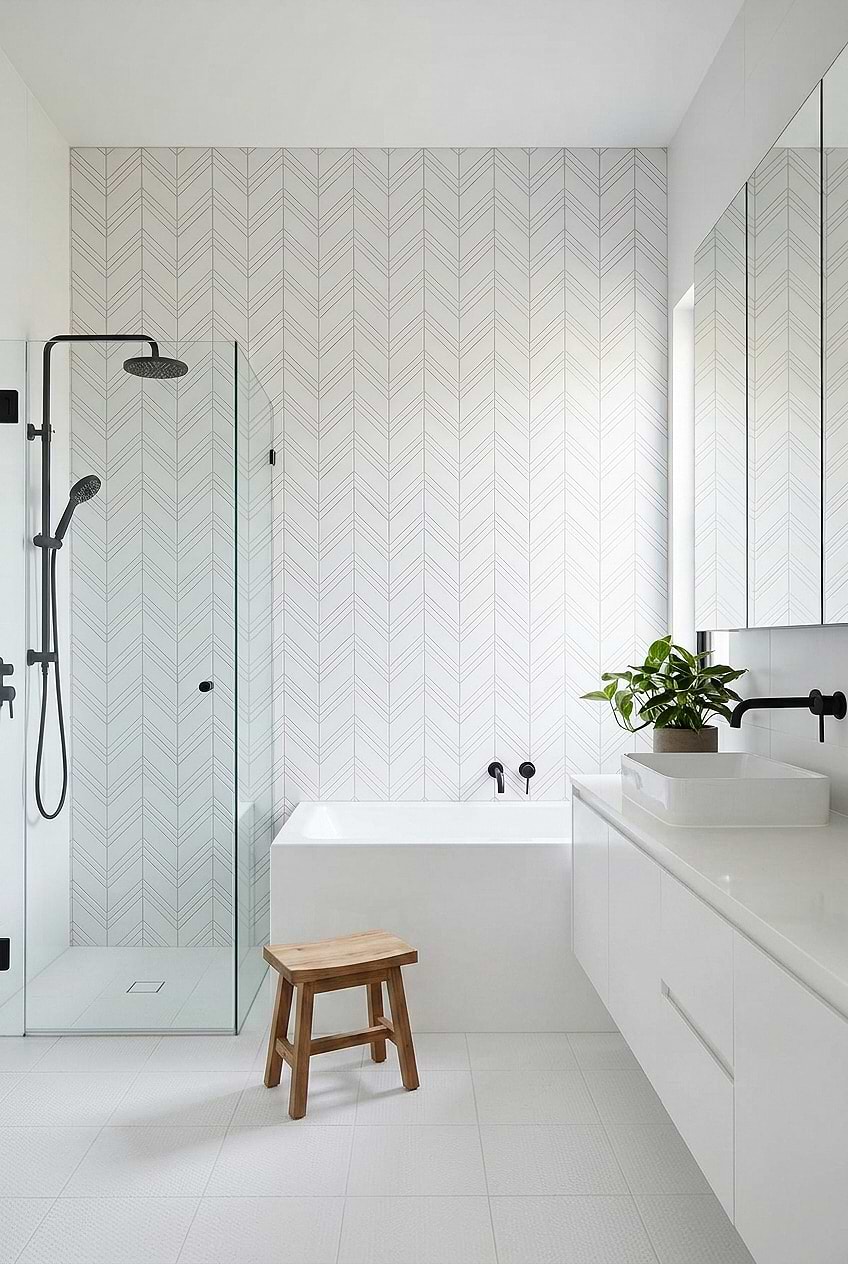 Large White Chevron Marble Shower Wall Tile BA6301
