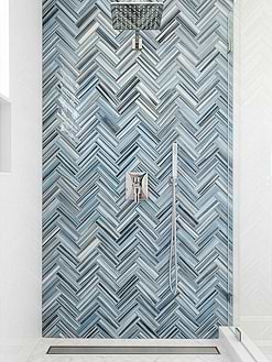 Minimalist White Blue Bathroom Glass Shower Square Rainfall Showerhead with Blue Herringbone Tile BA5525