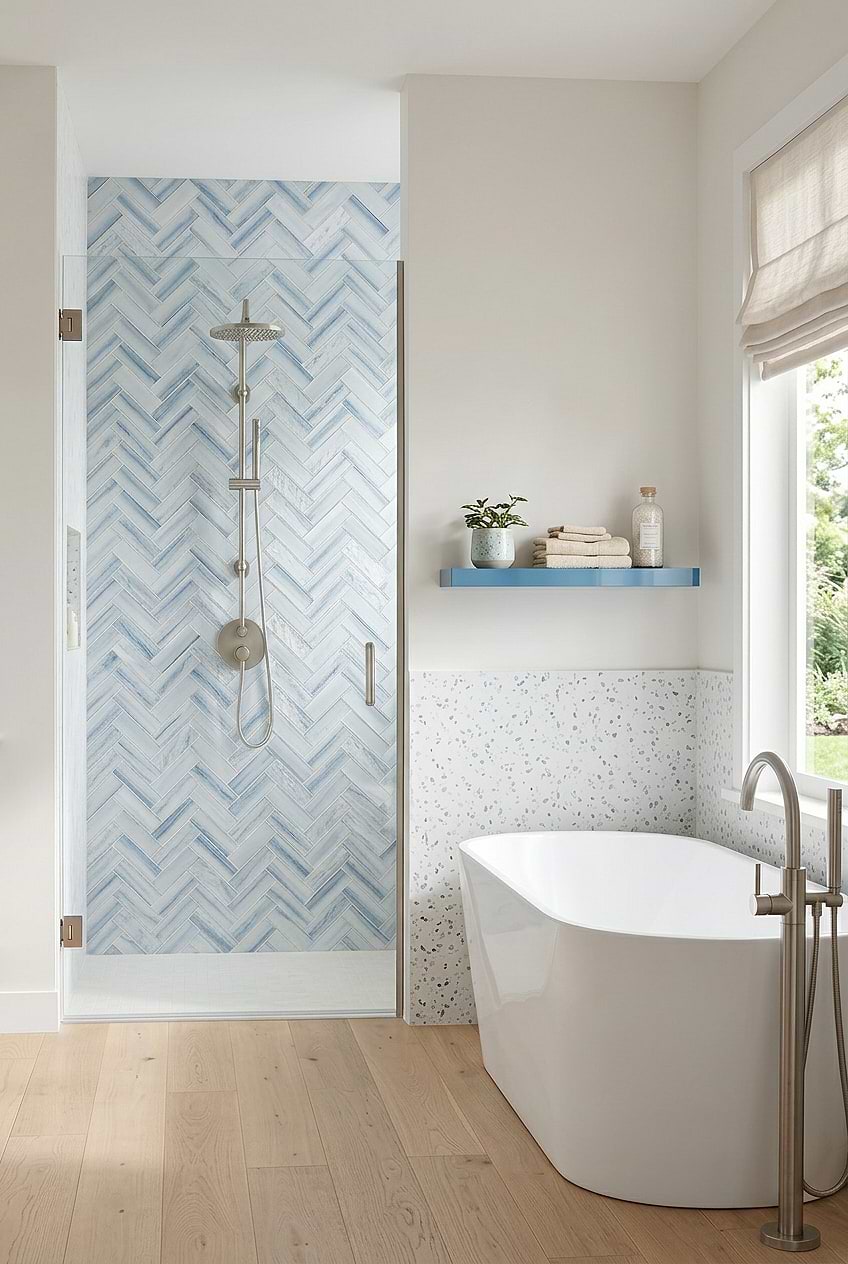 Modern Bathroom With Light Blue Glass Herringbone Mosaic Tile BA5507 Modern Bathroom With Light Blue Glass Herringbone Mosaic Tile BA5507
