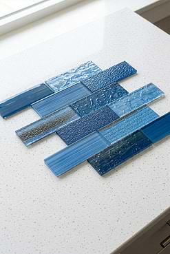Modern Textured Glass Tile Close Up with Blue Glass Subway Tile BA5530