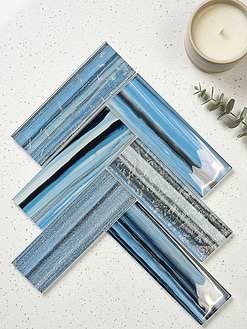 Modern Textured Glass Tile Close Up with Blue Herringbone Tile BA5525