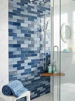 Modern White Blue Bathroom Glass Shower Door Chrome Rainfall Shower with Blue Glass Subway Tile BA5530