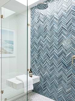 Modern White Blue Bathroom Glass Shower Rainfall Showerhead with Blue Herringbone Tile BA5525