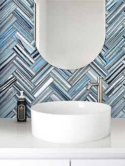 Modern White Blue Bathroom Round Vessel Sink Wall Mirror with Blue Herringbone Tile BA5525