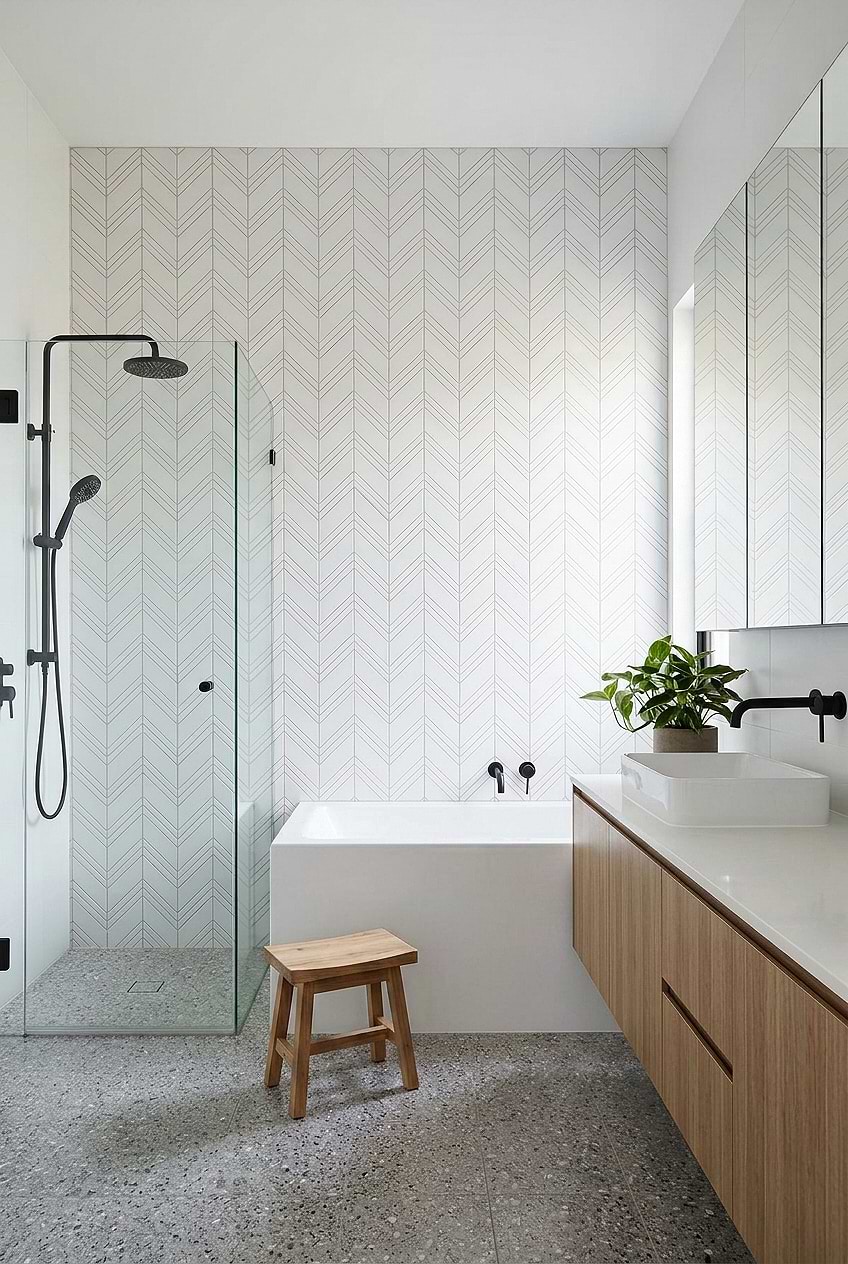 Modern White Chevron Marble Bathroom Wall BA6301 Modern White Chevron Marble Bathroom Wall BA6301