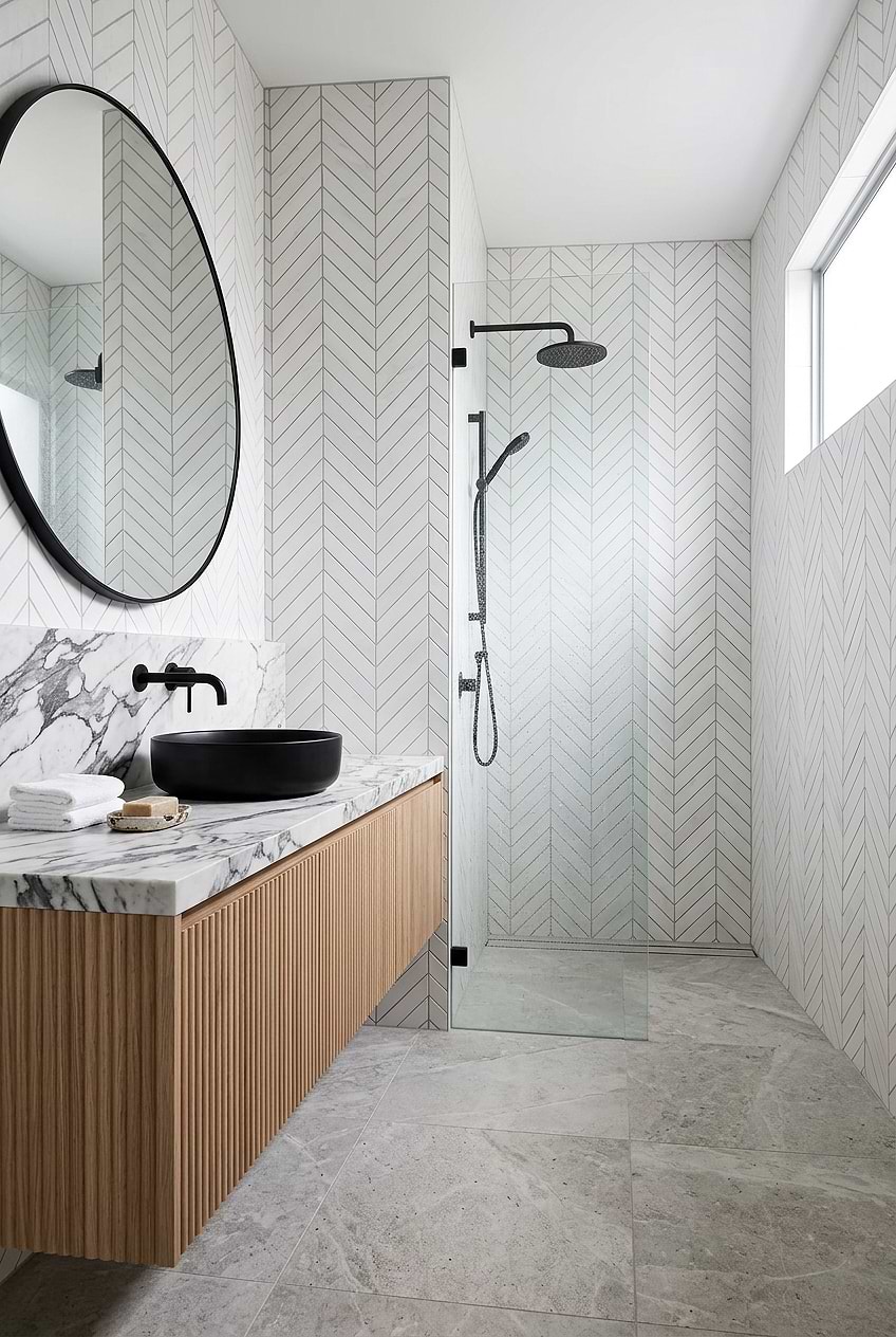 Modern White Chevron Marble Bathroom Wall BA6322 Modern White Chevron Marble Bathroom Wall BA6322