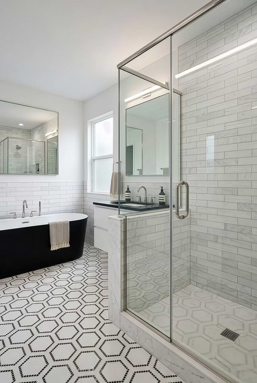 Monochrome Small Bathroom with Bathtub Subway Marble Tile BA8035 Monochrome Small Bathroom with Bathtub Subway Marble Tile BA8035