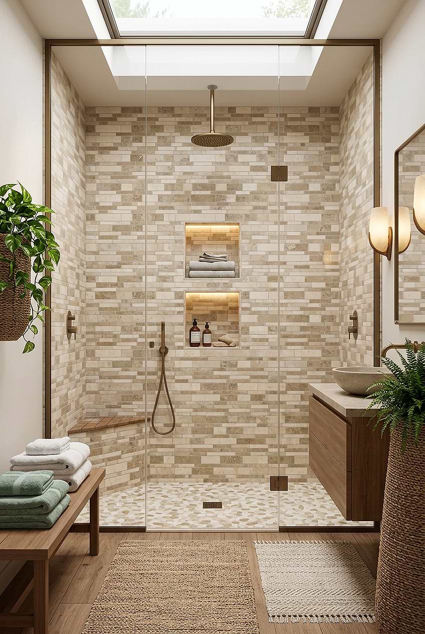 Multicolor Travertine Subway Shower Wall BA1024