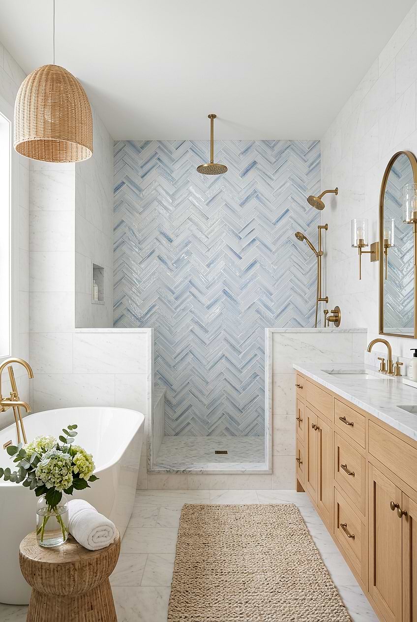 Ocean Blue Glass Herringbone Shower Wall BA5507 LOT C