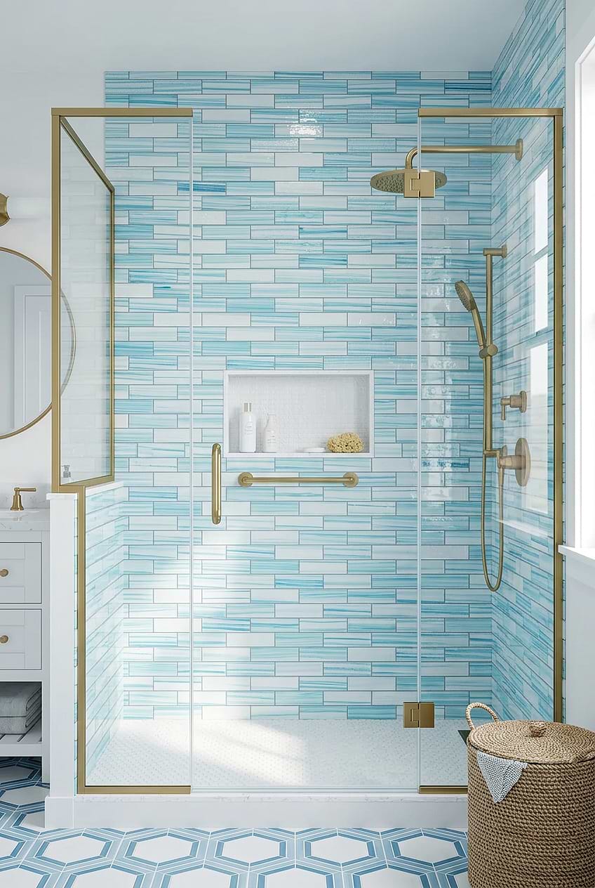 Ocean Blue Glass Subway Tile Shower Wall Niche BA5563 Ocean Blue Glass Subway Tile Shower Wall Niche BA5563