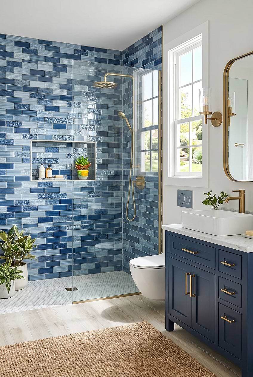 Pacific Blue Glass Subway Shower Wall with Niche BA5530 Pacific Blue Glass Subway Shower Wall with Niche BA5530