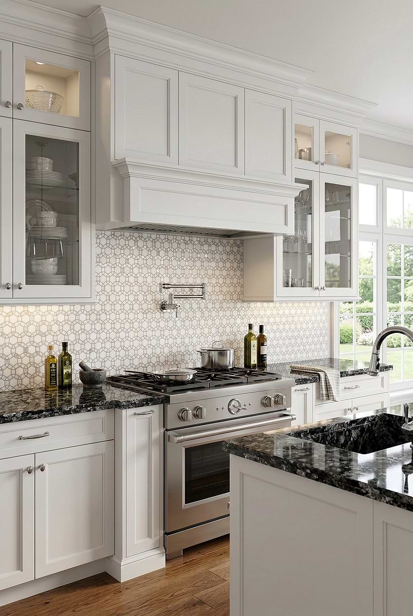 Pearl White Geometric Marble Backsplash BA7002