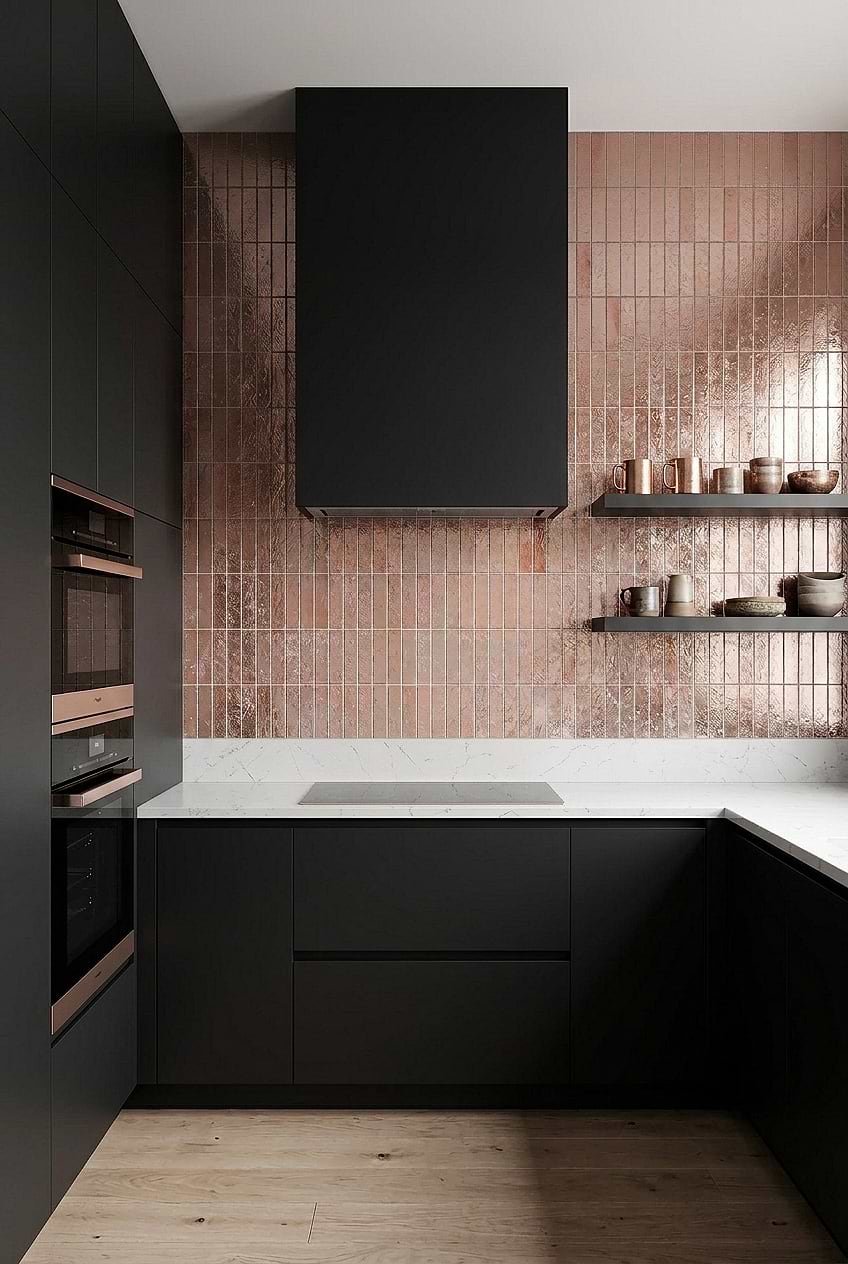 Rose Gold Metallic Travertine Tile Kitchen BA6206