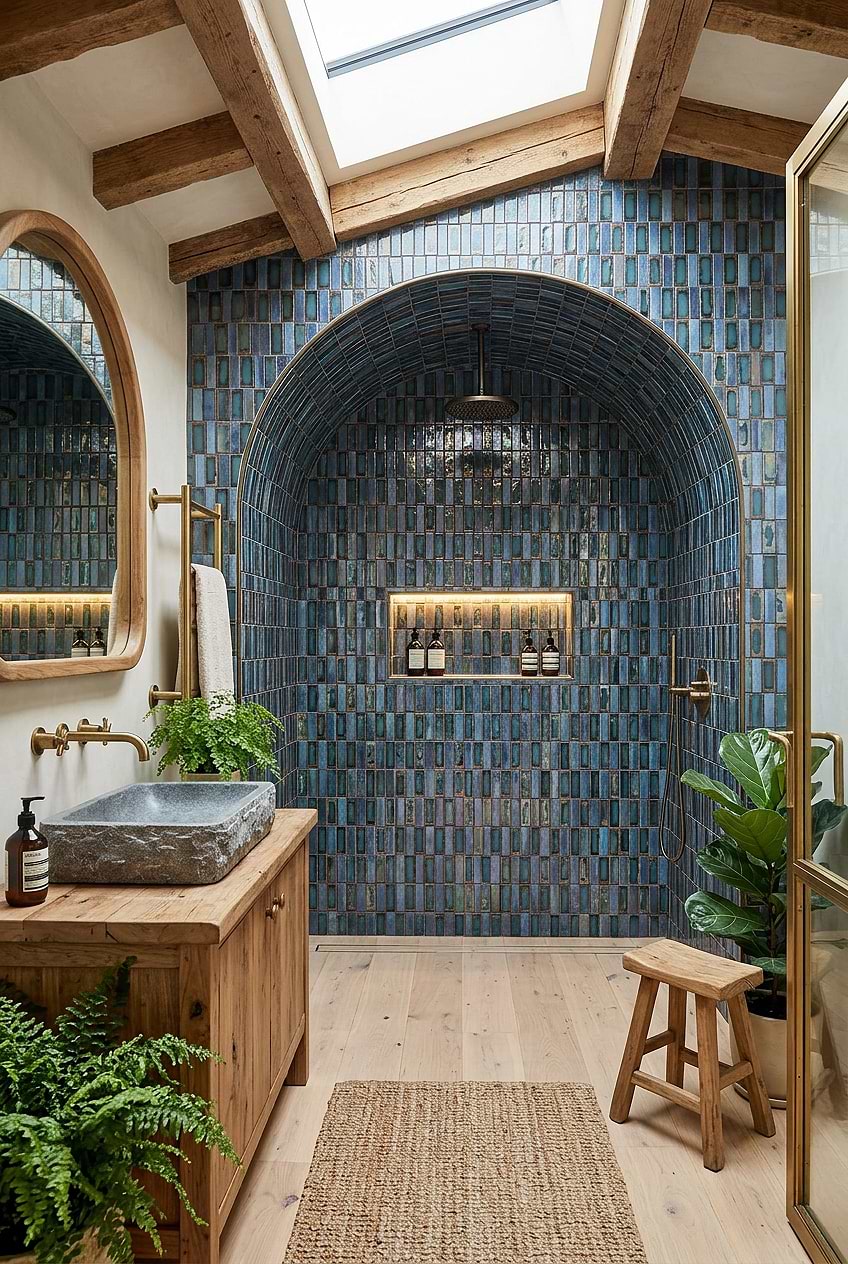 Rustic Blue Glass Arched Shower Tile BA6204