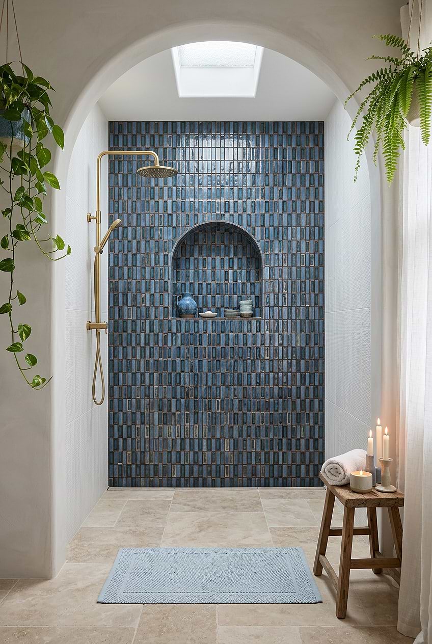 Rustic Blue Glass Mosaic Shower Wall BA6204