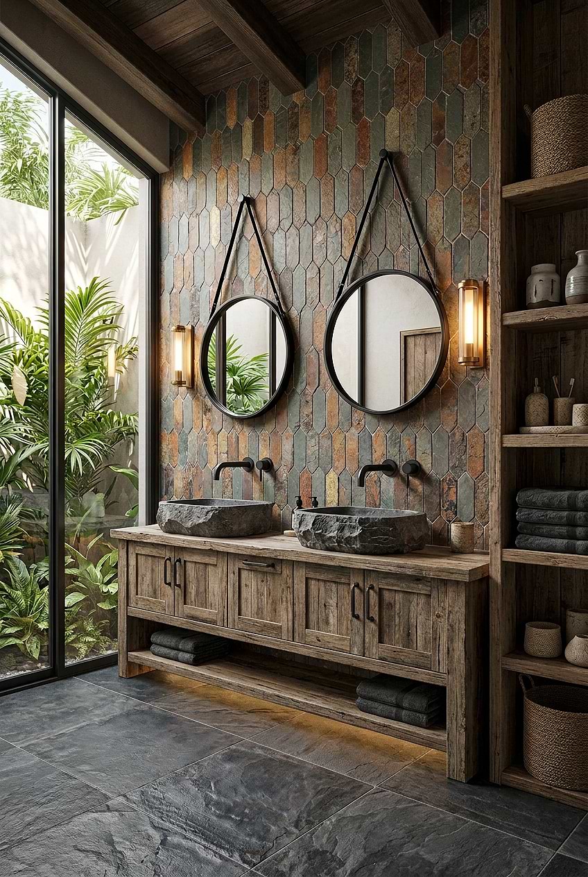 Rustic Picket Slate Bathroom Tiled Wall BA1066 Rustic Picket Slate Bathroom Tiled Wall BA1066