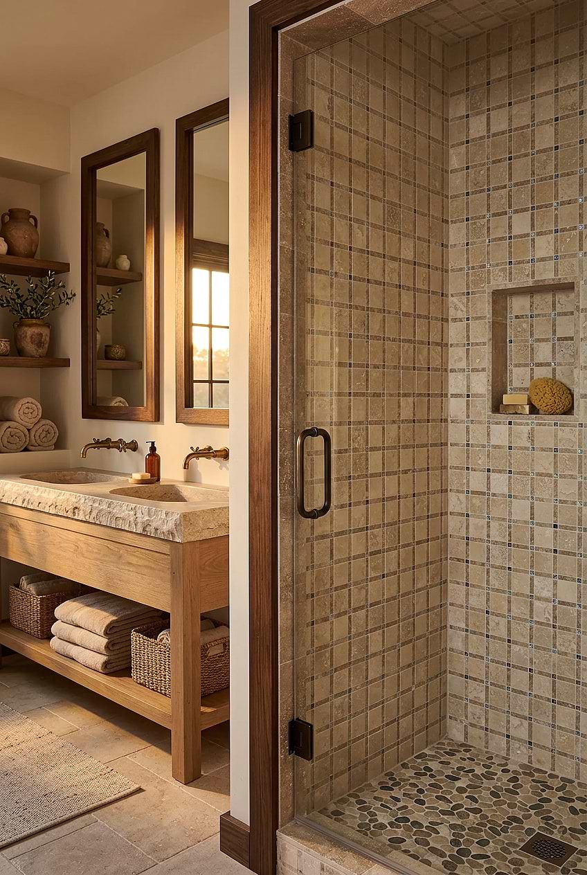 Rustic Travertine Glass Mosaic Shower BA1029 Rustic Travertine Glass Mosaic Shower BA1029