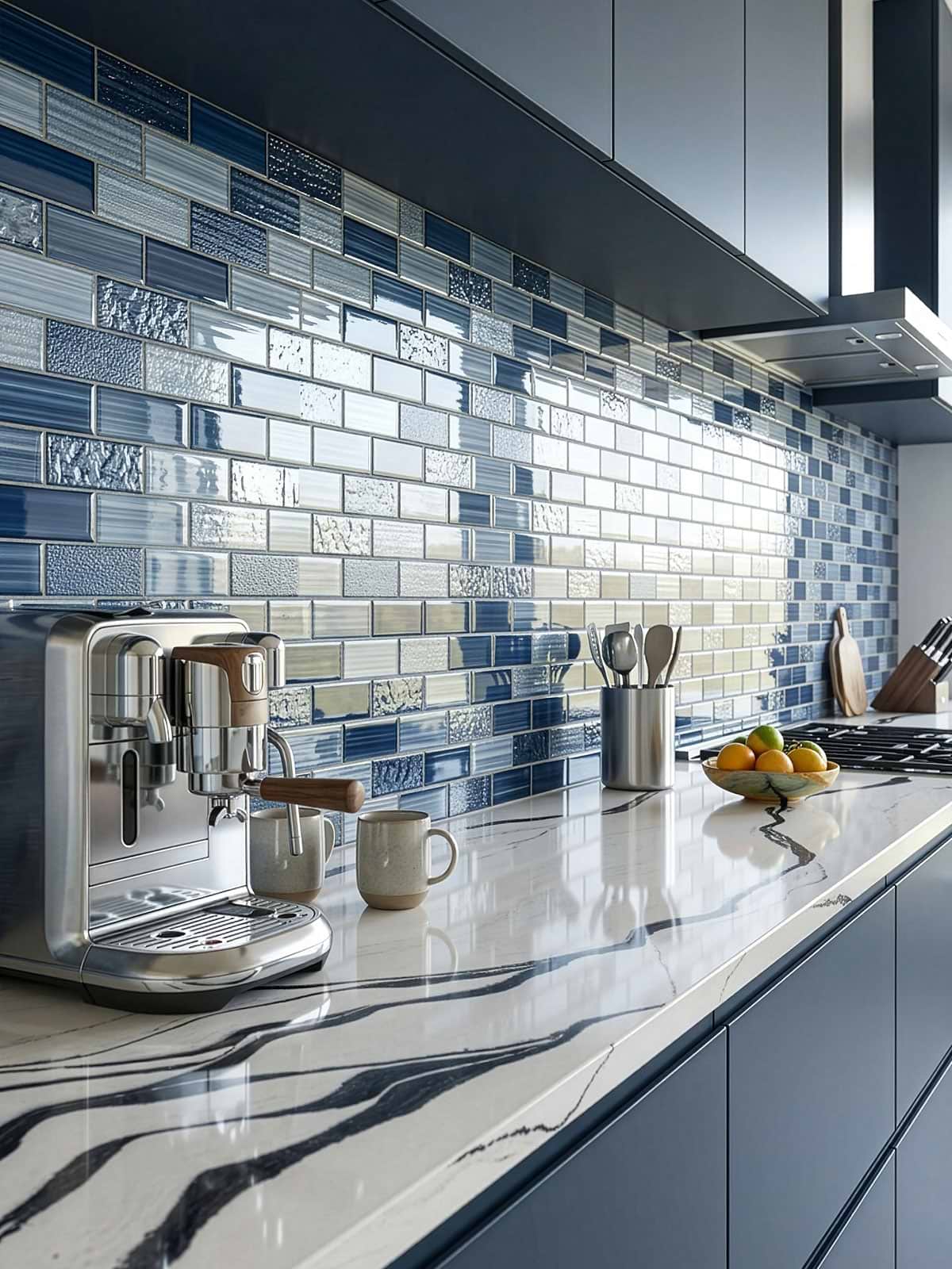 Slate Blue Cabinets White Dramatic Black Veined Marble Countertops with Blue Glass Subway Tile BA5530