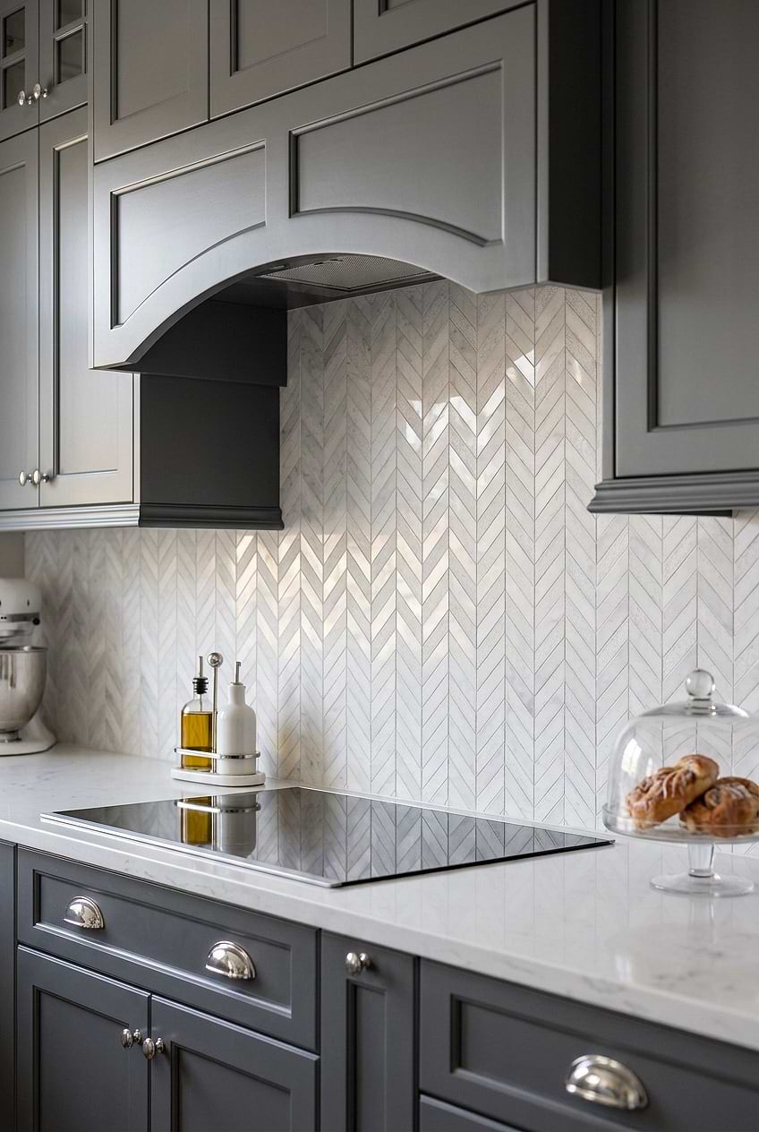 Textured White Marble Chevron Kitchen Tile BA631613