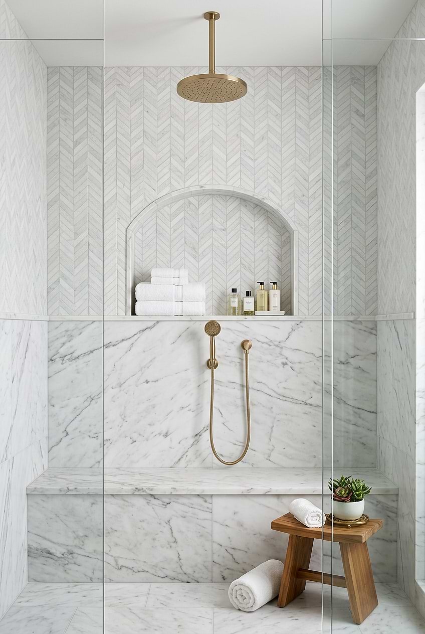 Textured White Marble Chevron Shower Niche BA631613 Textured White Marble Chevron Shower Niche BA631613