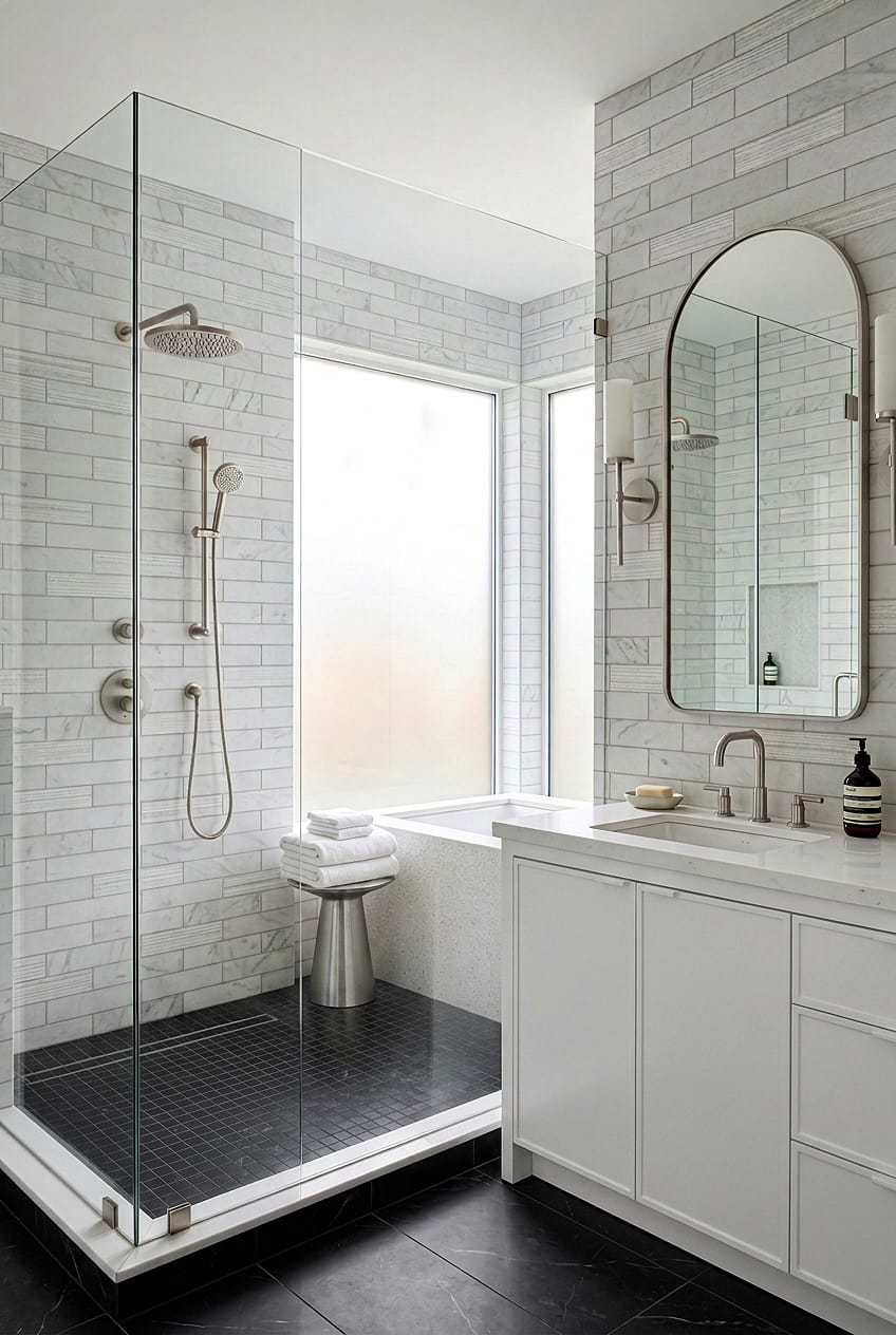 Textured White Marble Subway Shower BA8035 Textured White Marble Subway Shower BA8035