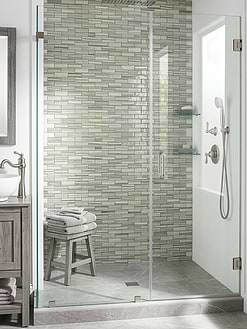 Transitional Gray White Bathroom Glass Shower Door Wood Vanity with Glass Subway Tile BA5565