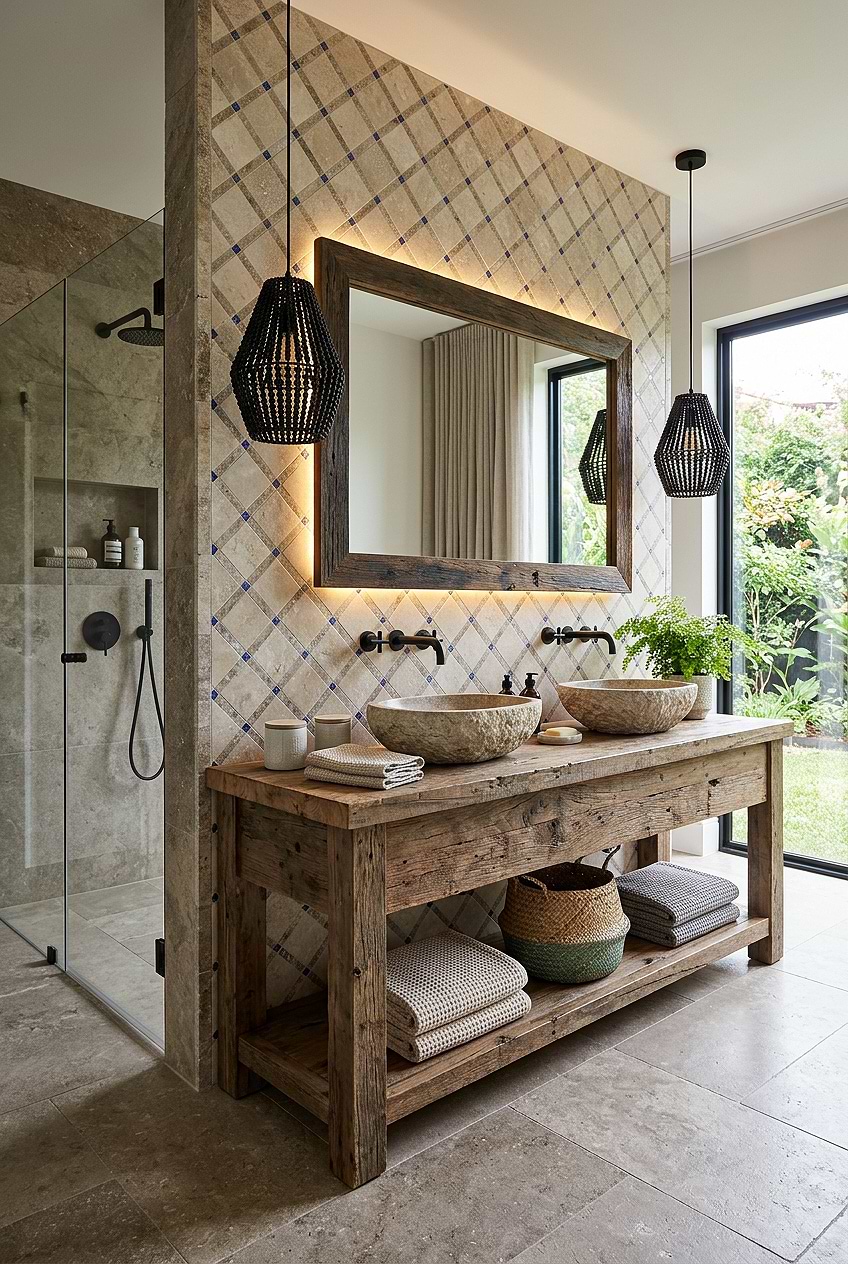 Travertine Blue Glass Mosaic Vanity Tile BA1029