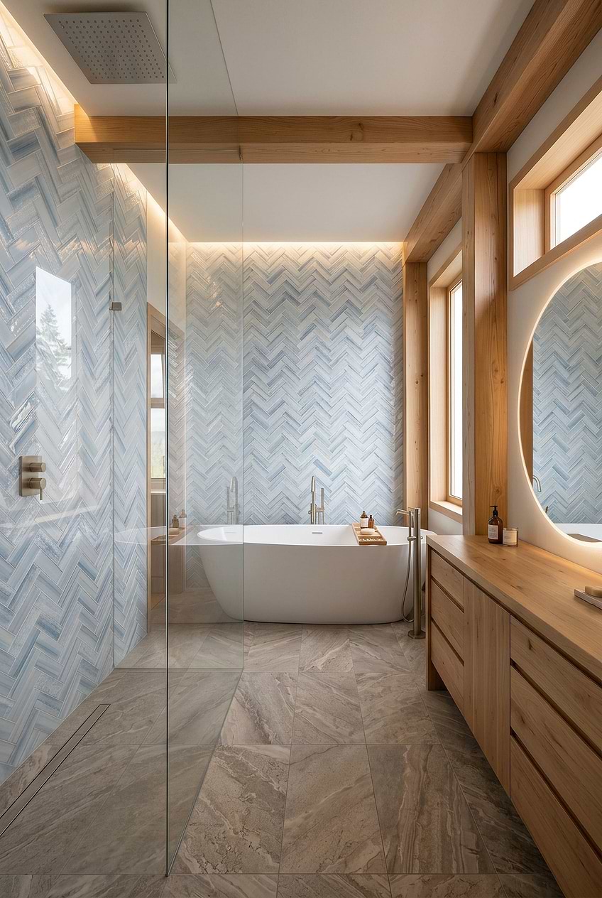 White Bathtub with Glossy Blue Herringbone Tiles BA5507 LOT C White Bathtub with Glossy Blue Herringbone Tiles BA5507 LOT C