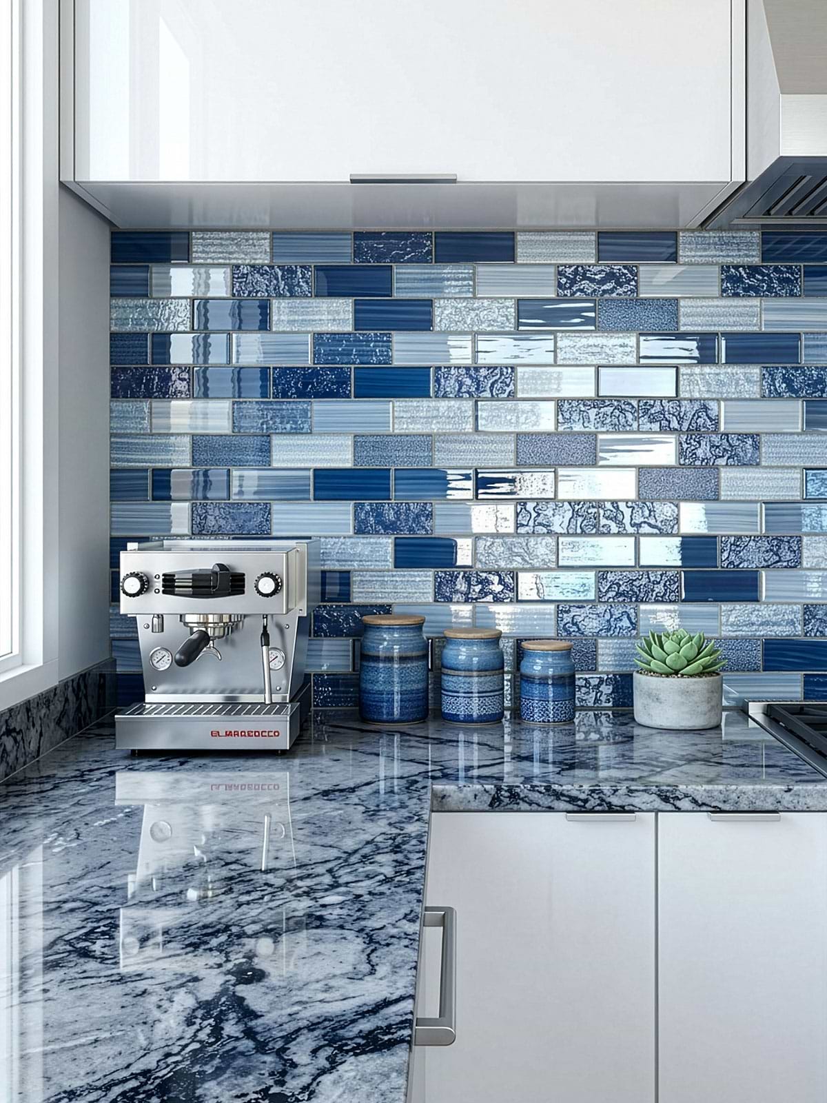 White Cabinets Blue White Dramatic Veined Stone Countertops with Blue Glass Subway Tile BA5530