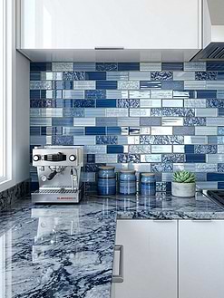 White Cabinets Blue White Dramatic Veined Stone Countertops with Blue Glass Subway Tile BA5530