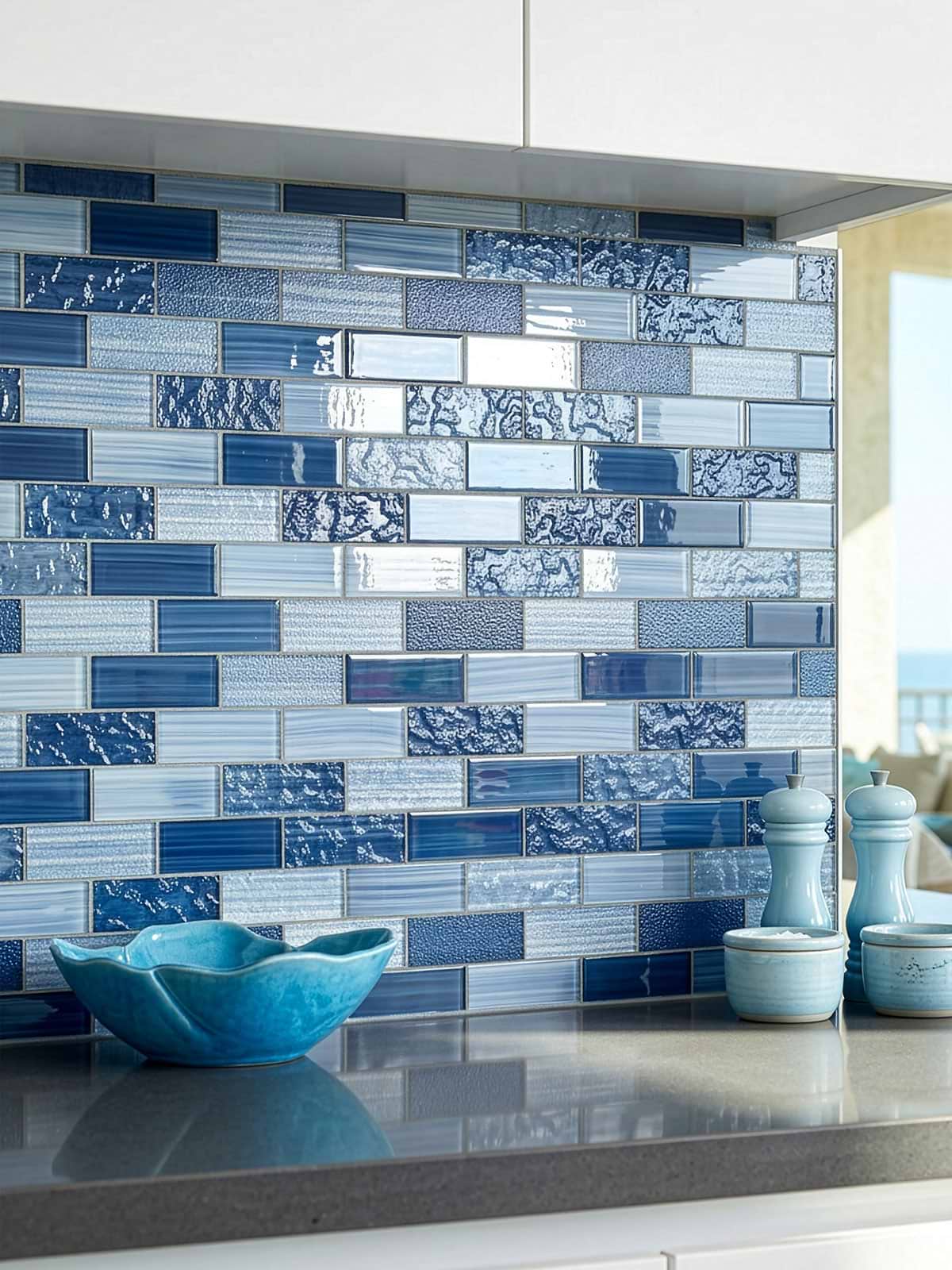 White Cabinets Gray Solid Surface Countertops with Blue Glass Subway Tile BA5530
