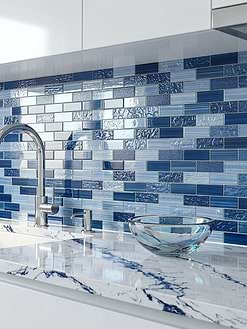 White Cabinets White Bold Blue Veined Marble Countertops with Blue Glass Subway Tile BA5530