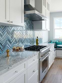 White Cabinets White Cloudy Gray Marble Countertops with Blue Herringbone Tile BA5525