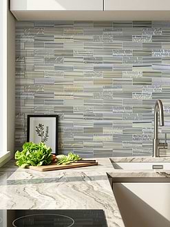 White Cabinets White Dramatic Gray Veined Marble Countertops with Glass Subway Tile BA5565