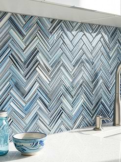 White Cabinets White Fine Speckled Quartz Countertops with Blue Herringbone Tile BA5525